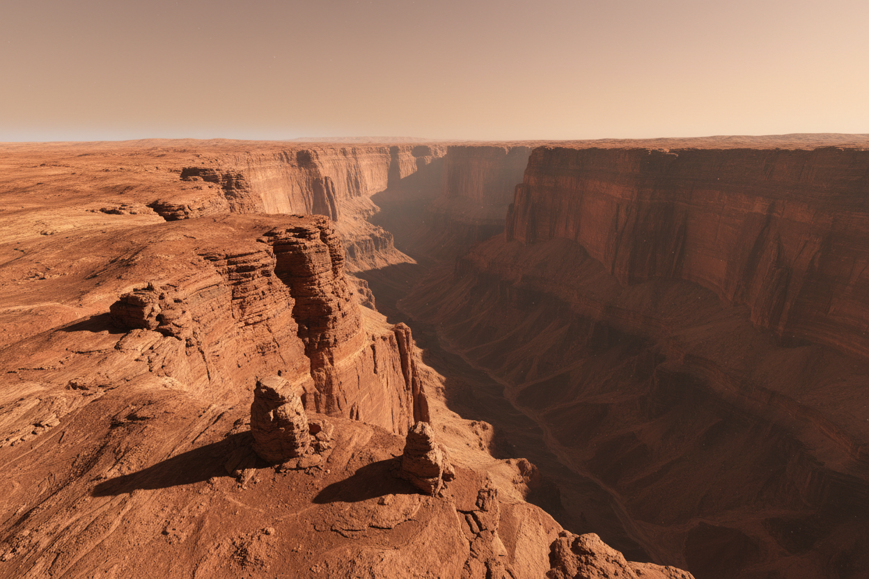 Dramatic Martian canyon landscape at Valles Marineris rim