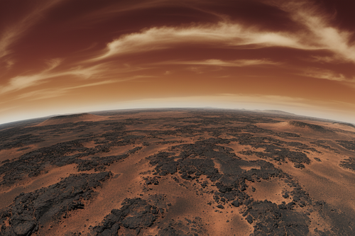 Elysium Planitia volcanic plains Mars surface with dark basaltic lava flows