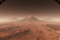 Tharsis Plateau high altitude volcanic landscape with shield volcanoes on horizon