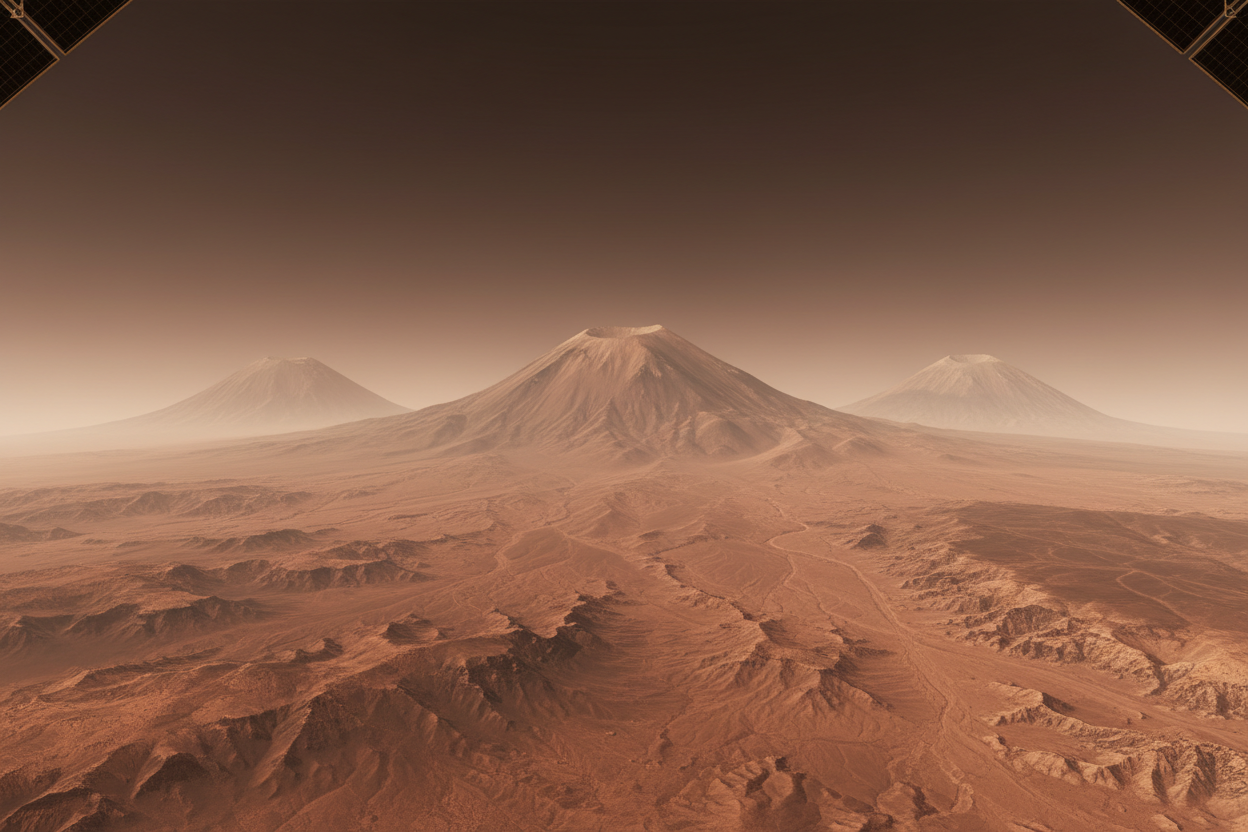 Tharsis Plateau high altitude volcanic landscape with shield volcanoes on horizon