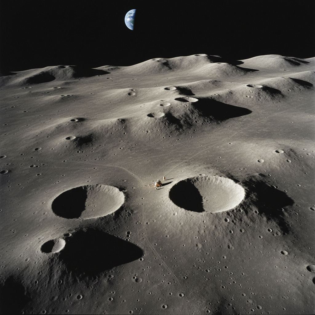 Descartes Highlands on the Moon — rugged ancient highland terrain, Apollo 16 landing site