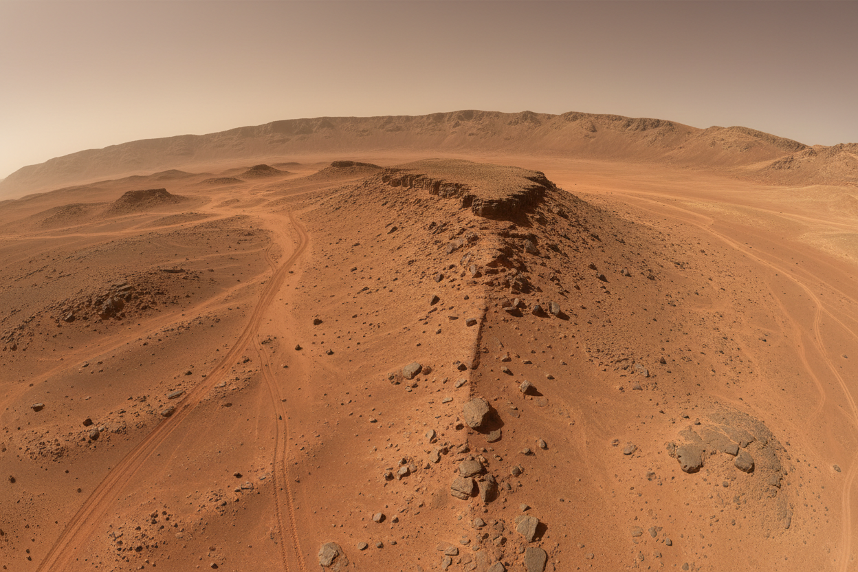 Jezero Crater Mars surface with ancient river delta and Perseverance rover tracks