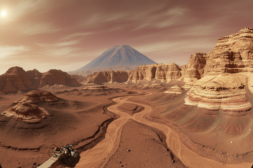 Gale Crater Mars surface with Mount Sharp and layered sedimentary rocks